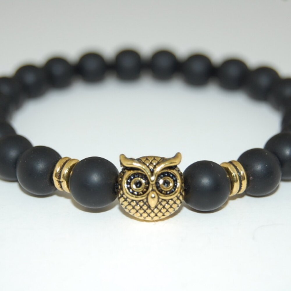Owl Bracelet,Onyx Bracelet,Golden Owl Charm and Black Onyx Stone Beads
